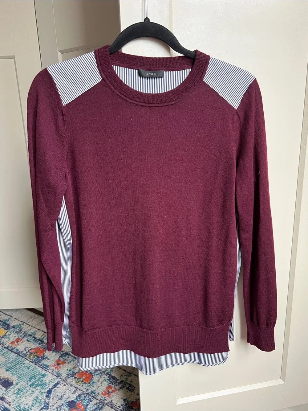 J. Crew Burgundy Navy & White Merino Wool and Cotton Striped Sweater medium